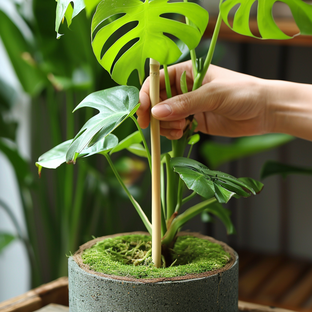 Got a trellis today & did a repot with my monstera deliciosa! Did I tie the plant  velcro too high? I don't want to interfere with the new leaf coming soon on