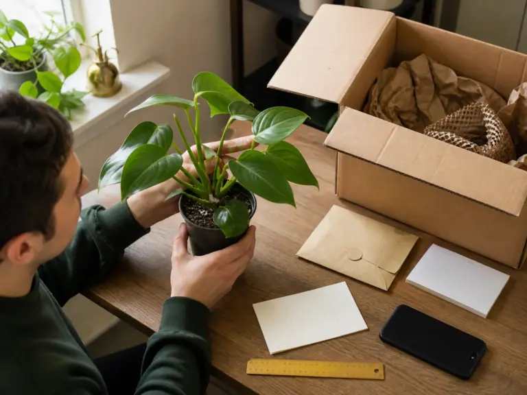 Buyer inspecting a rooted Philodendron beside an open shipping box and record cards