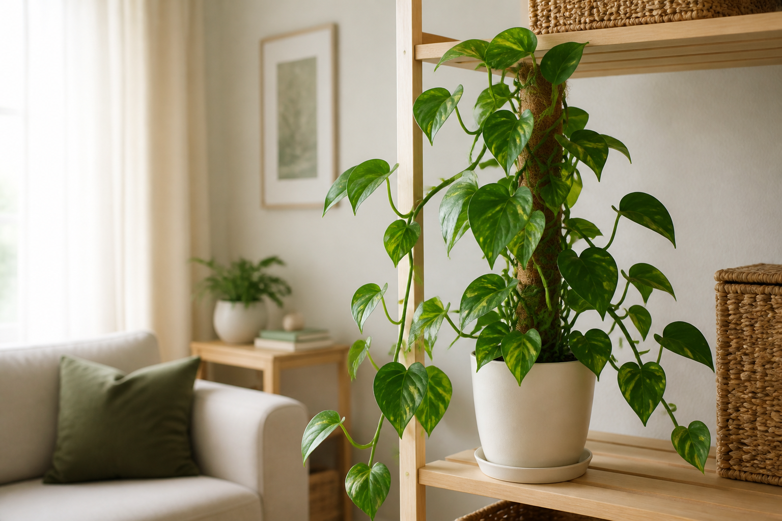 Realistic editorial illustration of an Epipremnum vine climbing a support in a warm living room