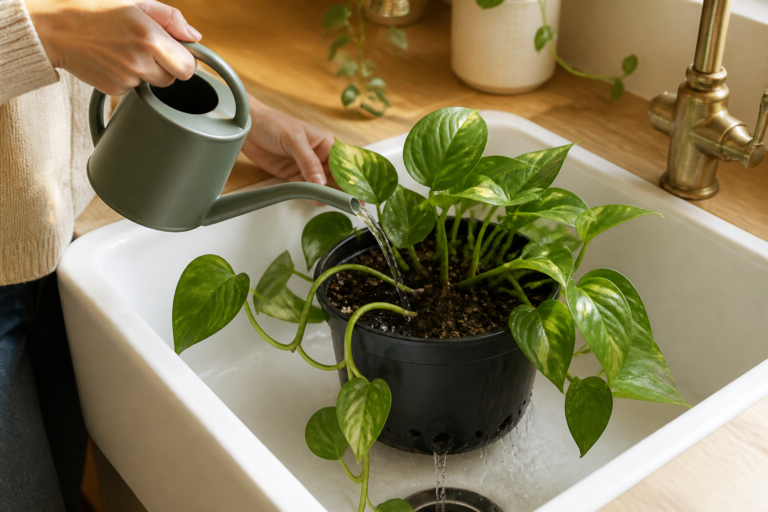 Editorial illustration of watering a healthy Epipremnum in a nursery pot while runoff drains into a sink