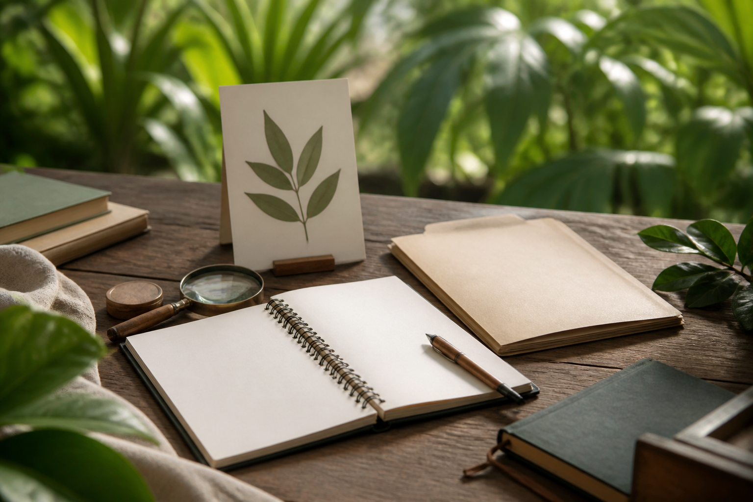 Editorial illustration of a blank notebook, generic leaf silhouette card, hand lens and unlabelled folders in a tropical botanical setting