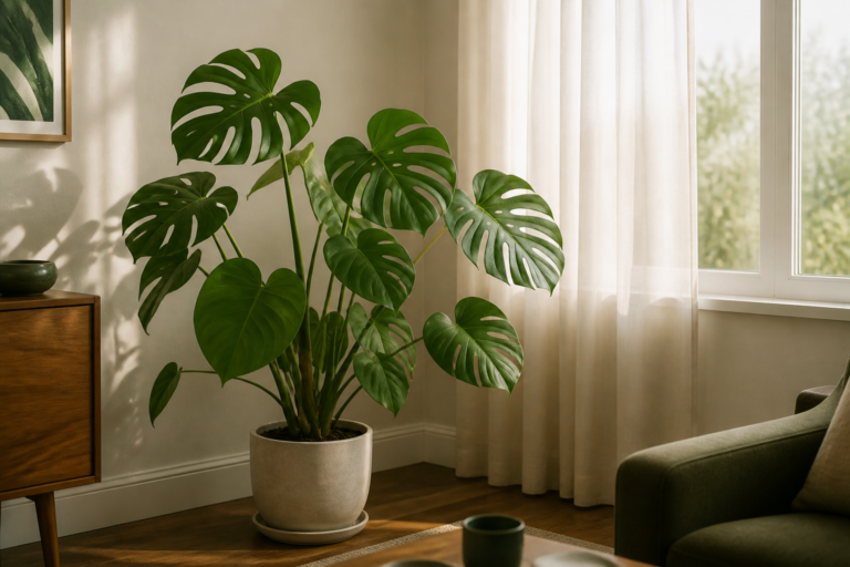 Mature Monstera deliciosa beside a bright window with a sheer curtain filtering the morning light