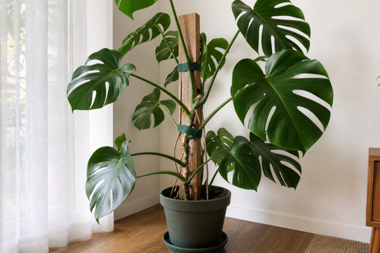 Mature Monstera deliciosa with its main climbing stem loosely tied to a cedar plank while leaf petioles remain free