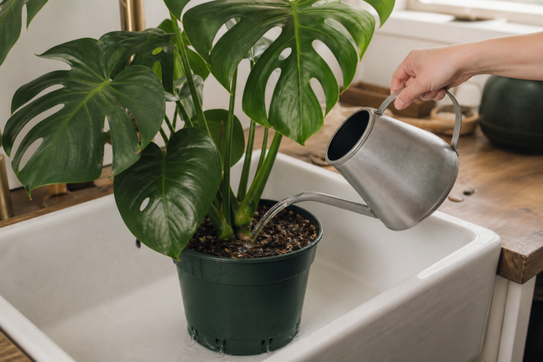 Water being poured onto Monstera potting mix while excess drains from a nursery pot into an empty sink