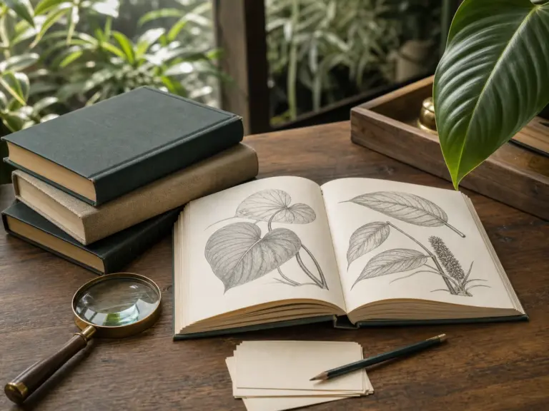 Botanical reference books, hand lens and Philodendron leaf on a Greenboog-style reading desk