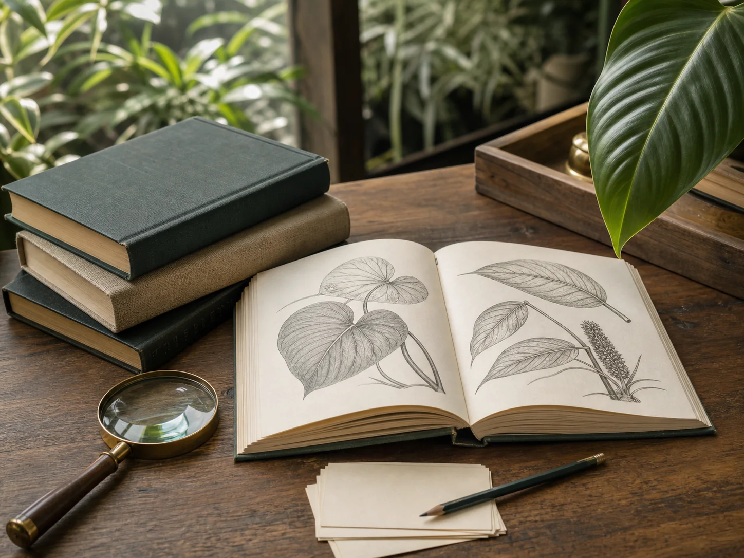 Botanical reference books, hand lens and Philodendron leaf on a Greenboog-style reading desk