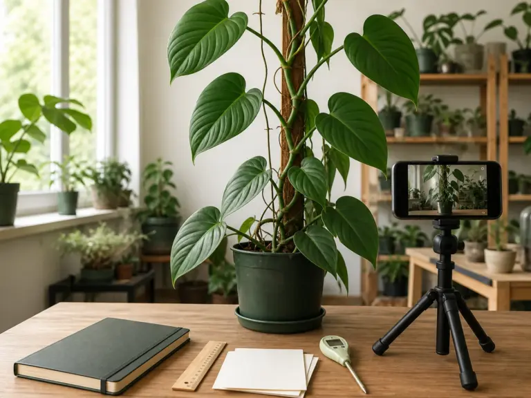Phone filming a supported green Philodendron beside a ruler and blank observation cards