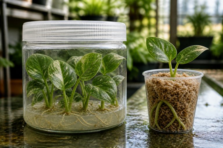 Juvenile Monstera Thai Constellation plantlets in a culture vessel beside an acclimatizing plantlet in a clear nursery cup