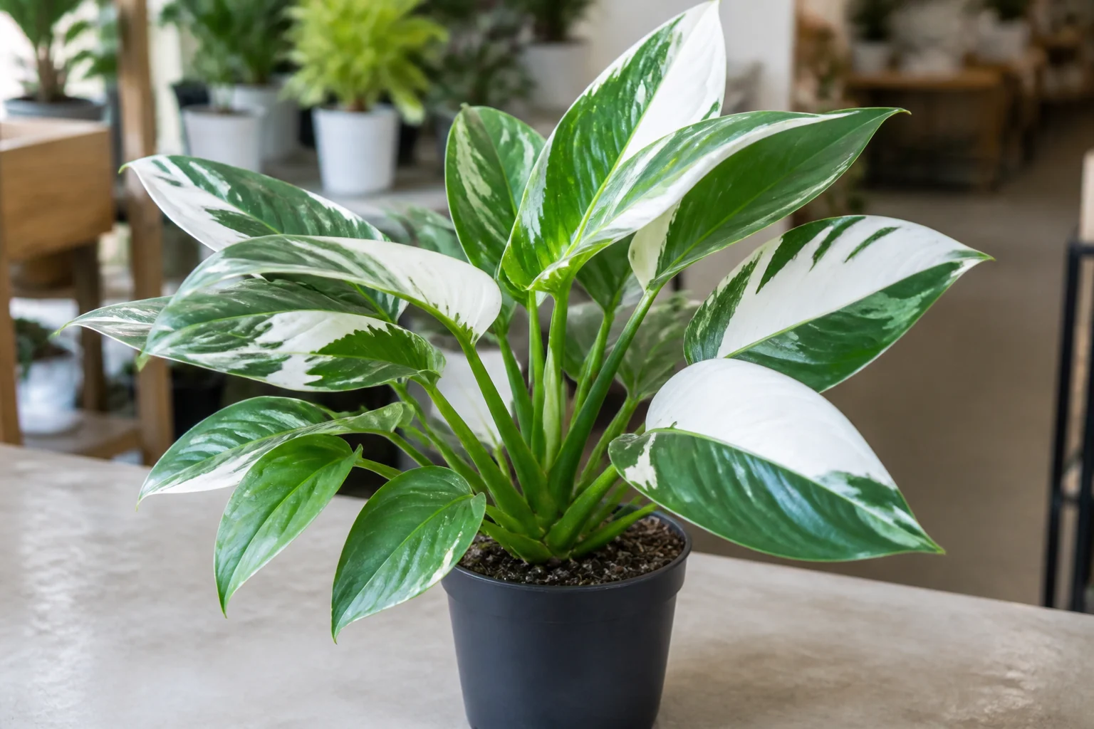 Philodendron White Wizard with broad green and white variegated leaves and green petioles
