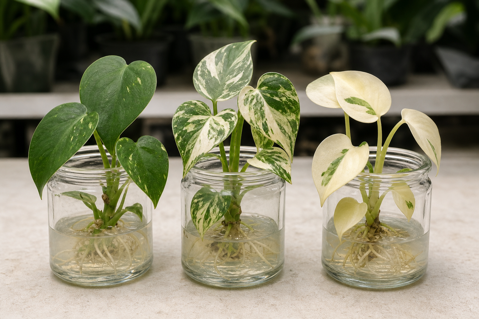 Three juvenile aroid plantlets showing green-dominant, balanced variegated and cream-dominant leaf patterns