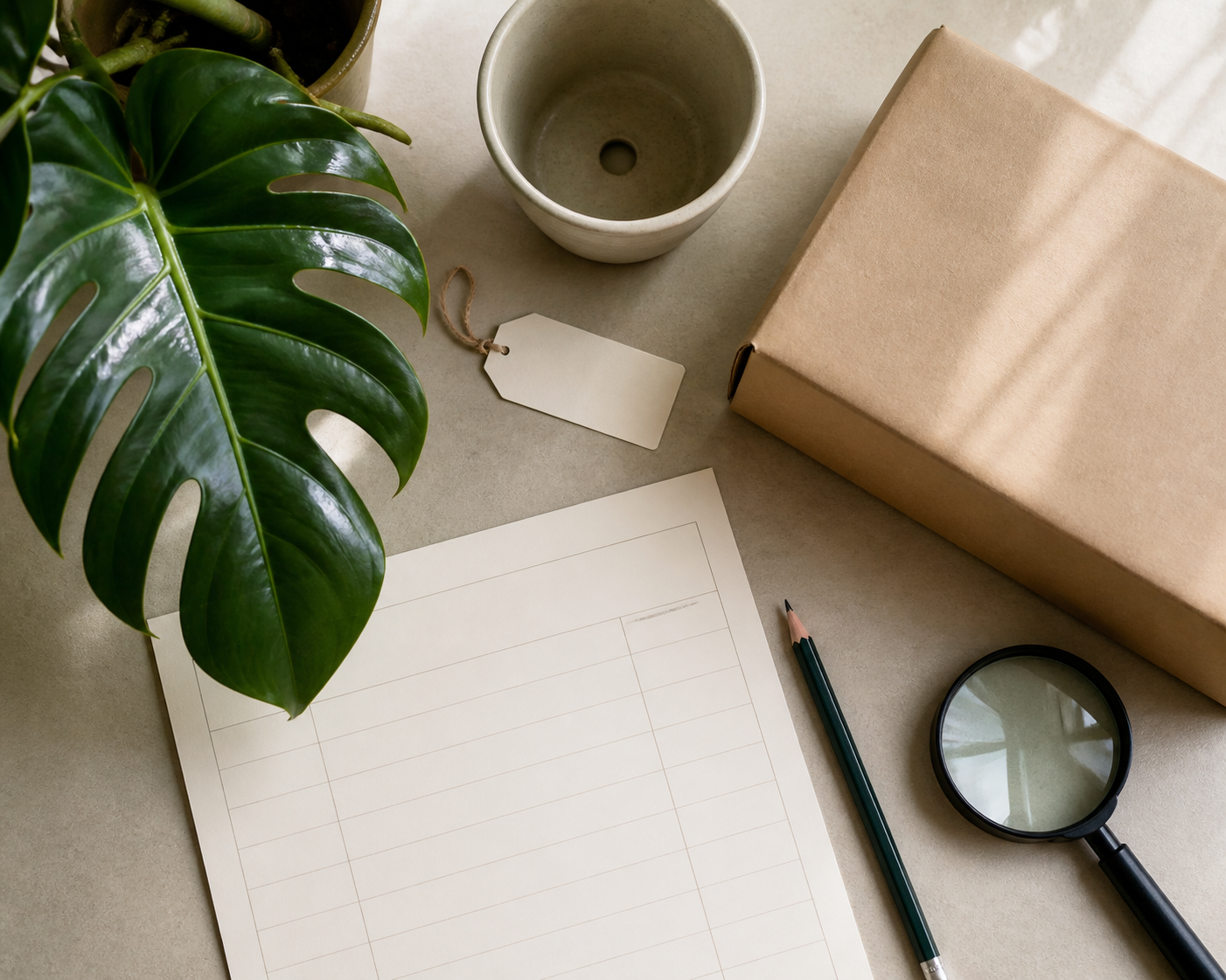 Editorial illustration of a blank buyer checklist beside a tropical leaf, parcel and magnifying glass.