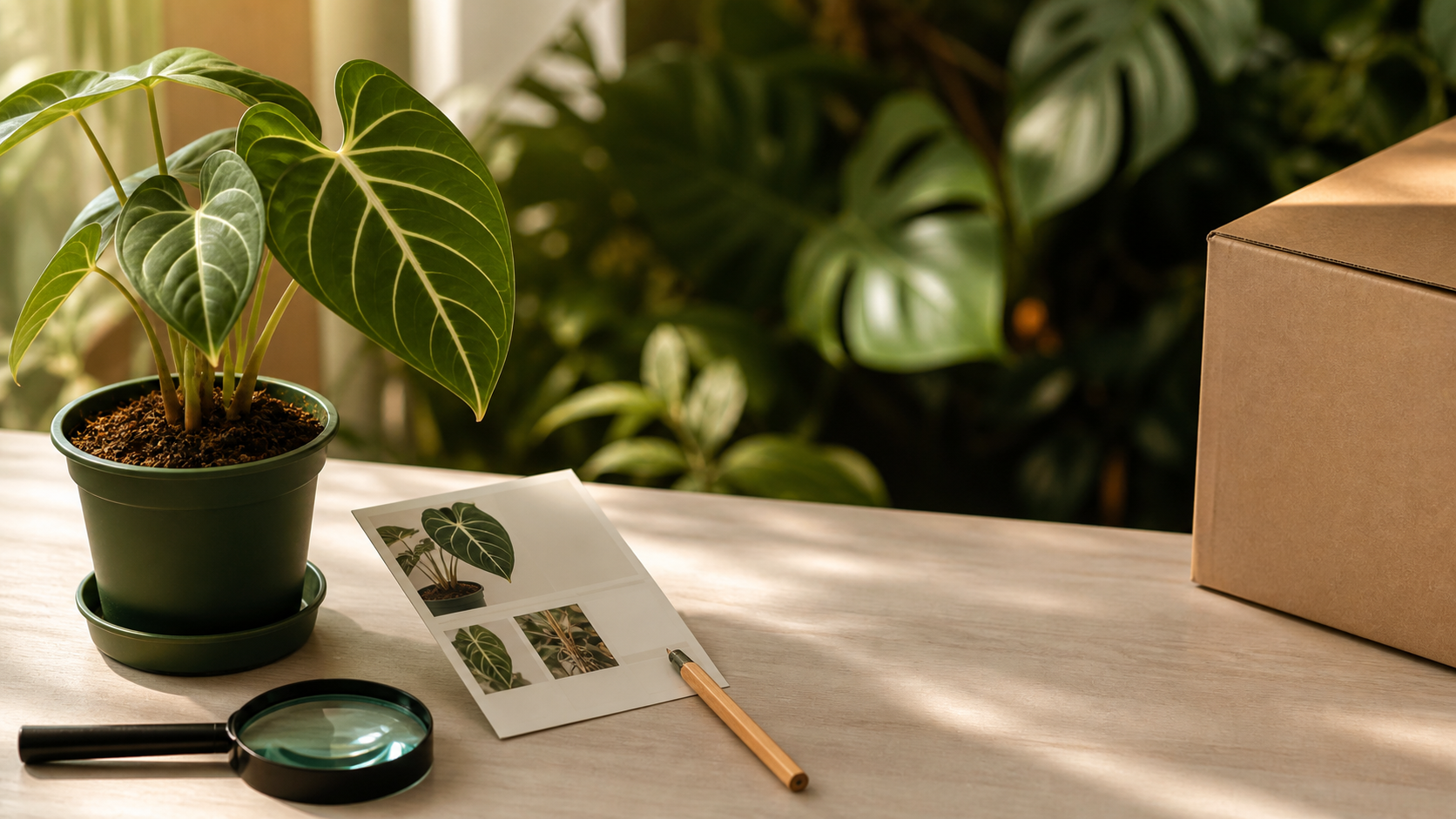 Editorial illustration of a potted tropical plant beside a parcel and generic plant-detail card.