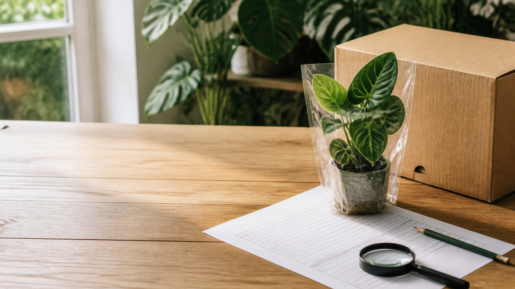 Editorial illustration of a potted tropical plant beside a parcel and blank order papers.