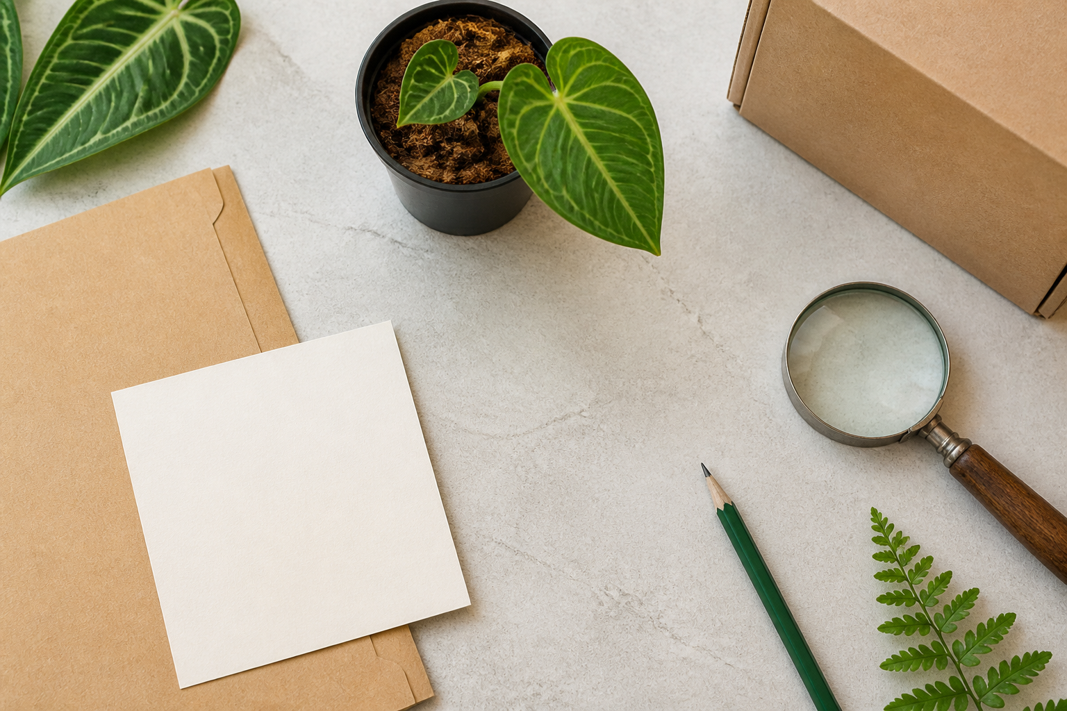 Editorial flat lay of a tropical plant, blank folder, parcel, pencil and magnifying glass.