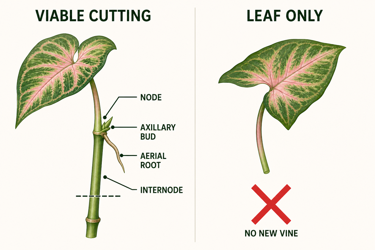 Diagram comparing a viable Syngonium node cutting with a leaf-only cutting