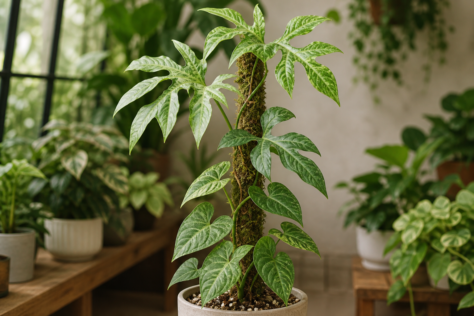 Editorial image of a green Syngonium climbing a moss support with juvenile arrowhead and divided mature leaves