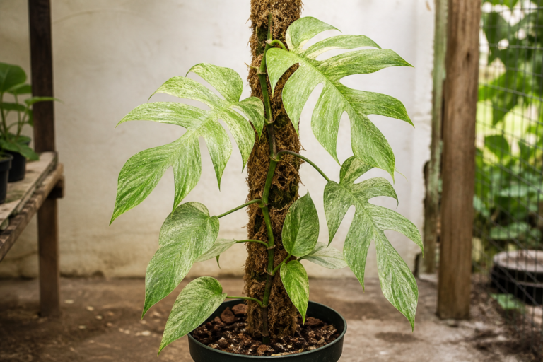 Epipremnum pinnatum Mint climbing a moss pole with fine mint-green marbling and mature divided leaves