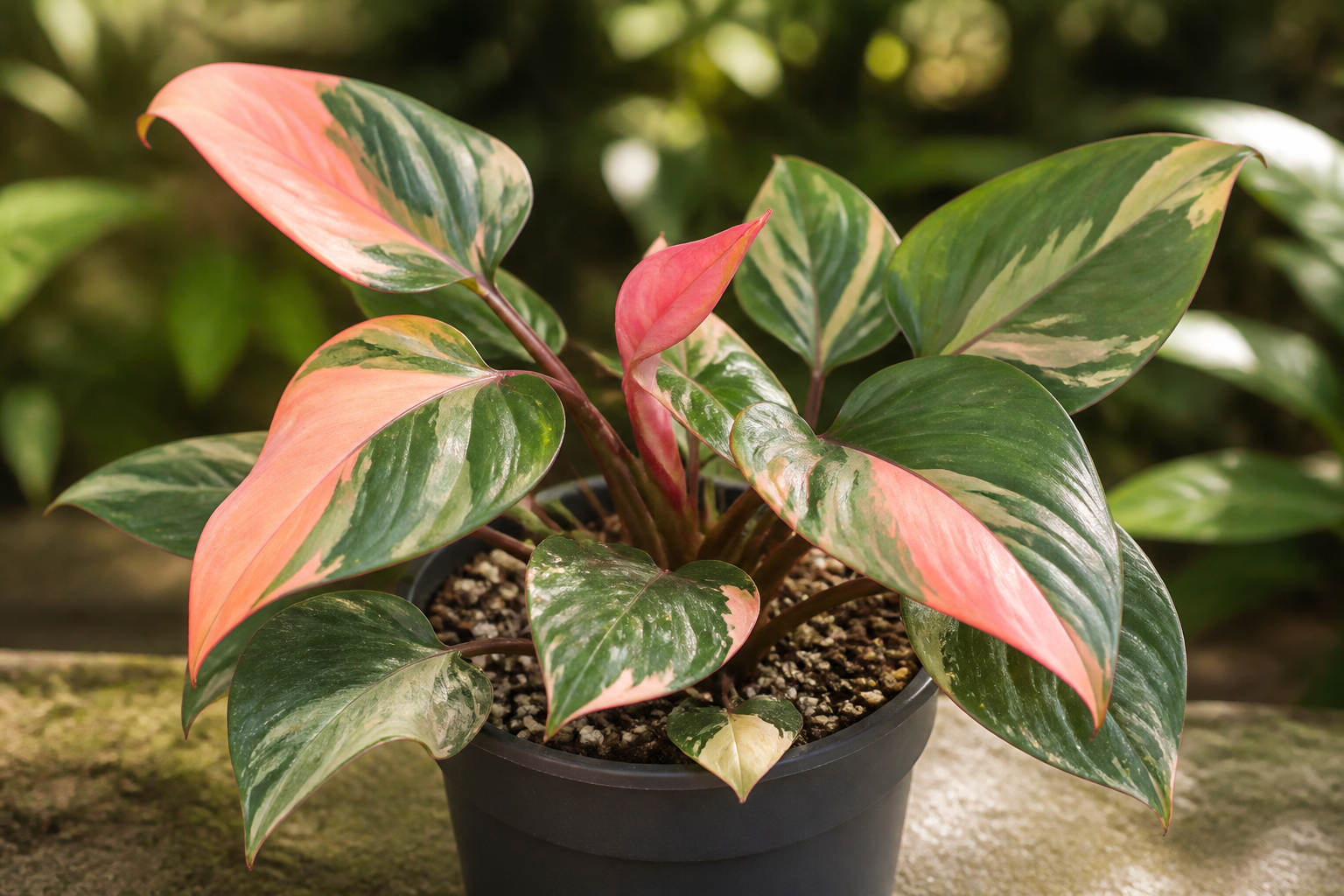 Compact Homalomena Pink Diamond with dark green leaves, irregular salmon-pink and cream sectors, and red petioles