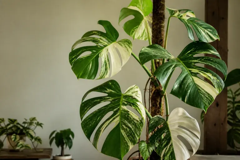 Mature Monstera Albo with green and cream variegated fenestrated leaves climbing a support