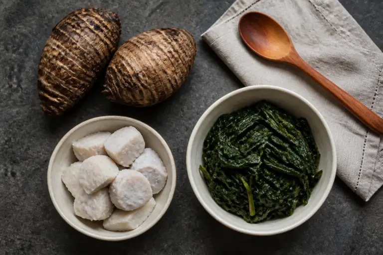 Food-grade taro corms with bowls of cooked taro corm and taro leaves