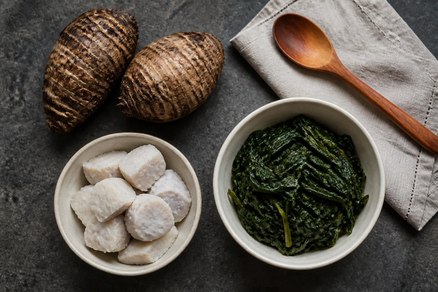 Food-grade taro corms with bowls of cooked taro corm and taro leaves