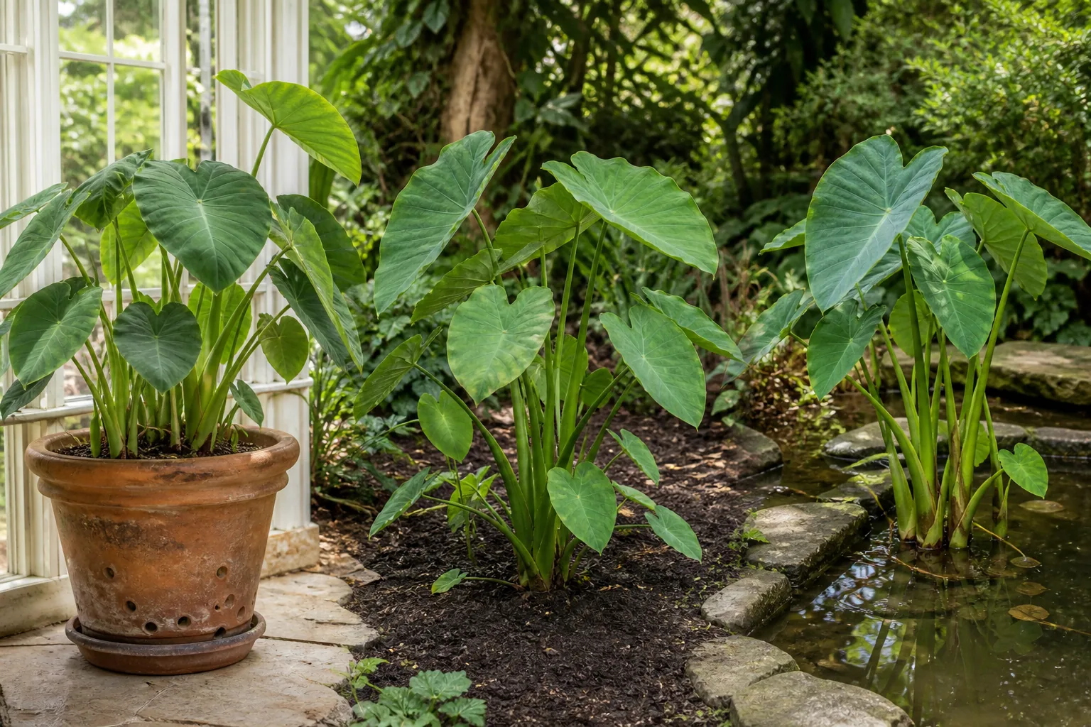 Colocasia growing in a drained container, moist garden bed and managed pond margin