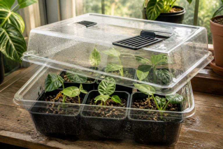 Small aroid plantlets in nursery pots beneath a partially opened vented humidity dome