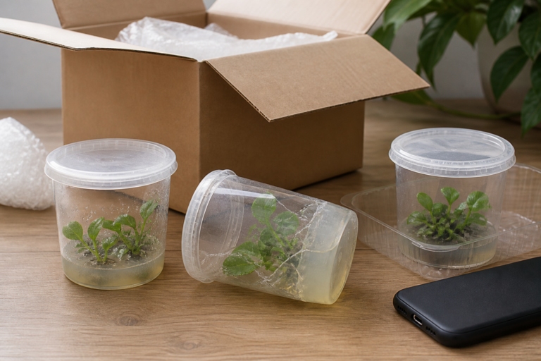 Three sealed tissue culture plant cups inspected beside an opened shipping box, including one damaged container