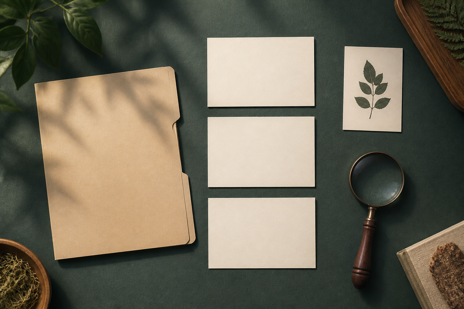 Editorial flat lay of blank folders, blank cards, generic leaf silhouette card and hand lens for a source-checking workflow