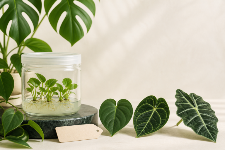 Illustrative vessel with generic aroid plantlets and foliage forms; not a Greenboog sale batch