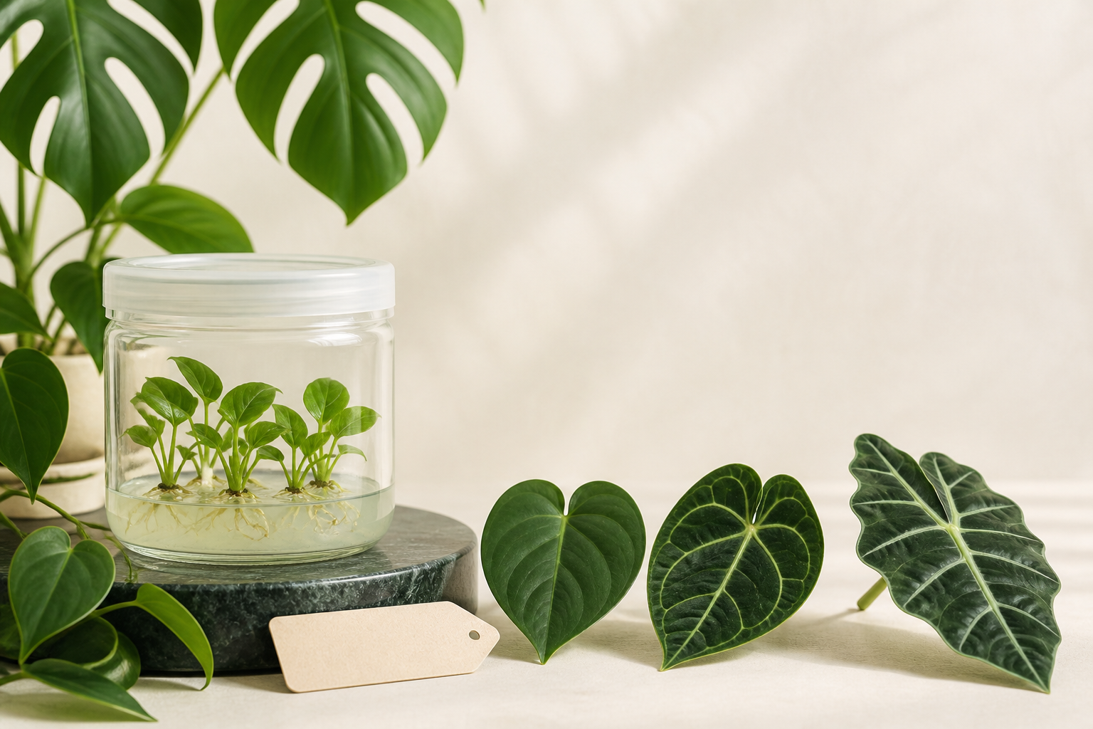 Illustrative vessel with generic aroid plantlets and foliage forms; not a Greenboog sale batch