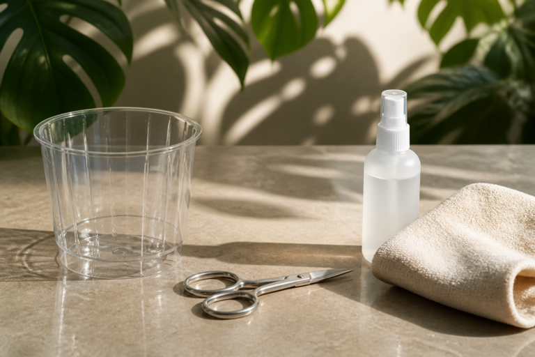 Editorial clean empty pot, scissors, cloth and unlabeled spray bottle for tissue-culture setup hygiene