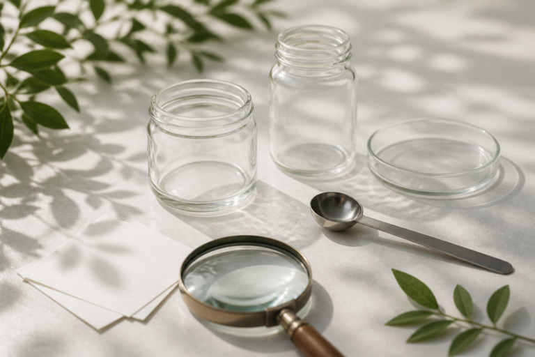 Editorial empty glass vessels and magnifying lens for tissue-culture vocabulary