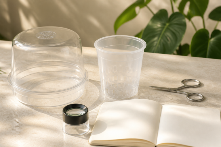 Editorial still life of an empty clear plant cover, drainage pot and clean tools for tissue-culture troubleshooting