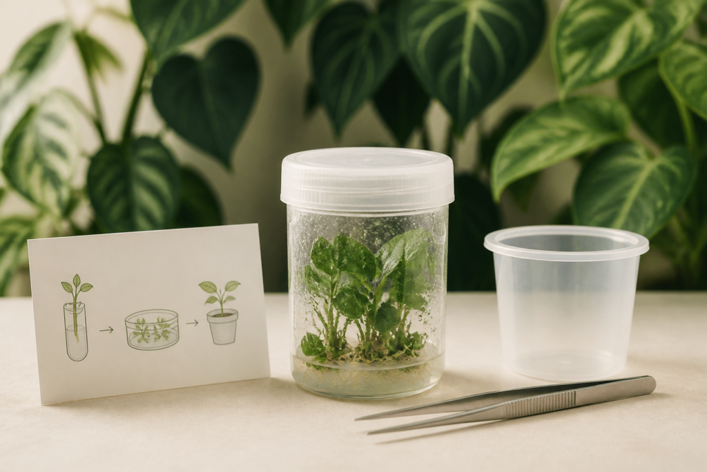 Illustrative generic aroid plantlets in a culture vessel beside an empty nursery cup; not a Greenboog sale batch