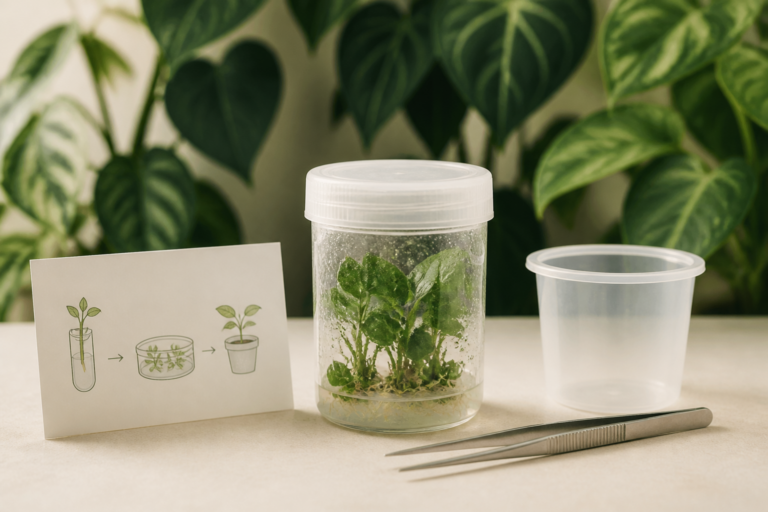 Illustrative generic aroid plantlets in a culture vessel beside an empty nursery cup; not a Greenboog sale batch